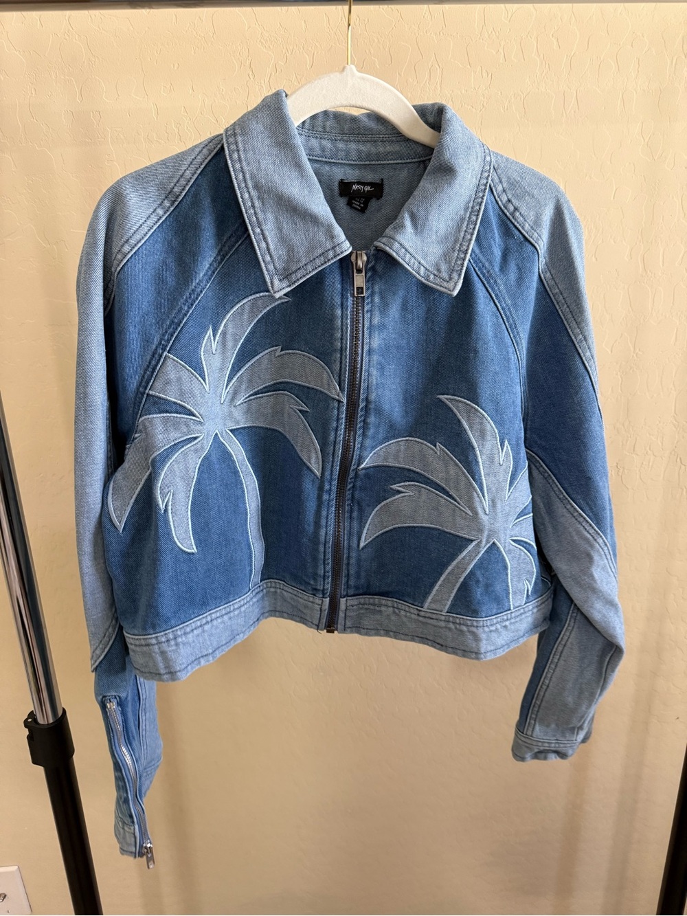 Nasty Gal Blue Denim Palm-Graphic Zip Jacket